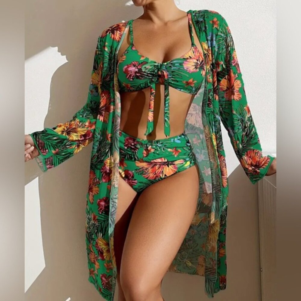 Dark Green Tropical Bikini & Cover Up, Print High Stretch 3 Piece